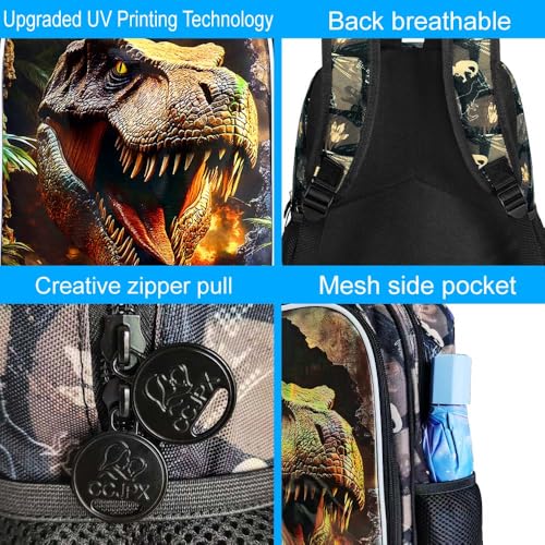 HPJGD 3PCS Dinosaur Kids Bookbag, Water Resistant Boys School Bag Set with Lunch Box, Cool Backpack for Elementary Preschool Toddler - Wall-Breaking T-Rex - color: Cool Uv Printed Wall-breaking T-rex Brown
