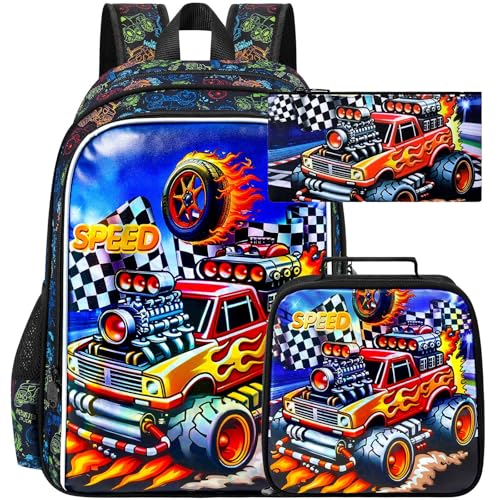 HPJGD 3PCS Truck Kids Backpack for Boys, Water Resistant Elementary Bookbag Set with Lunch Box, Cool School Bag for Preschool Toddler - Red Truck - color: Cool Uv Printed Bold Truck Red