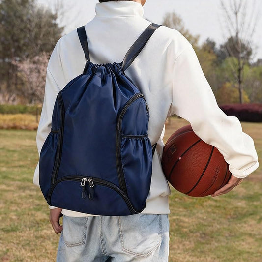 Drawstring Backpack Gym Bag with Dual Front Zipper Pockets & Expandable Side Pockets, Adjustable Shoulder Straps for Soccer, Basketball, Swim, Gym Commute Travel, Blue