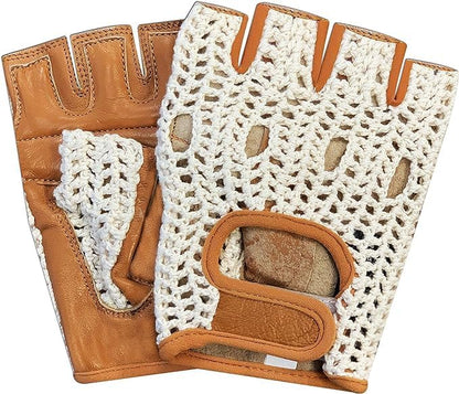 Real Soft Leather Crochet Net Fingerless Driving Weight Training Cycling Wheelchair Gloves W-1037 - color: Tan/White, size: XX-Large