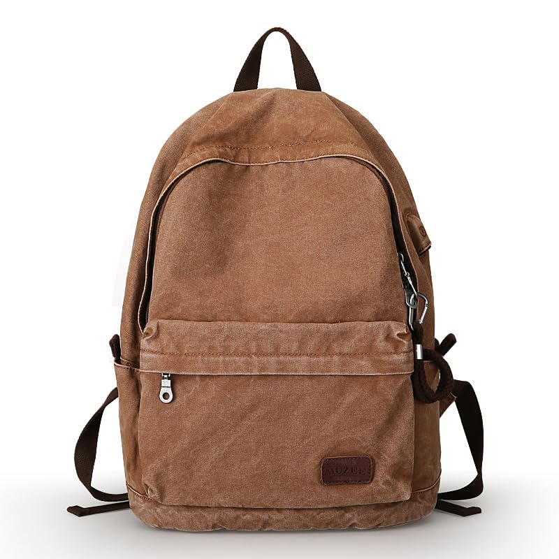 Muzee Canvas Backpack for Women and Men, Lightweight Classic Laptop Backpack with USB Charging Port for School, Travel and Daily Use, Khaki - color: Khaki