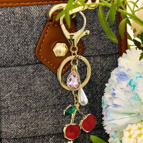 Madison Tyler Western Cowboy Boots Cherry Bow Bubble Tea Strawberry Cute Keychain | Bag Charms for Handbags Purse Charms - color: Cherry