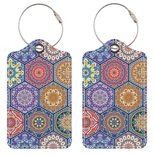 Luggage Tags for Suitcases, 2 Pack Cute PU Leather Suitcase Tag Identifiers TSA Approved with Stainless Steel Loop and Address Card for Baggage Tag for Travel Essentials Hexagon, by Chelmon - color: 06 Hexagon a