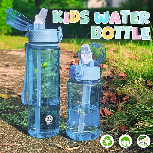 OLDLEY 17oz Kids Water Bottle, Tritan BPA-Free, Leakproof Flip Straw Lid, Motivational Time Marker, Carry Strap, Reusable Clear Water Bottle for Boys & Girls,Baby Blue - color: Baby Blue, style: 17 Ounces