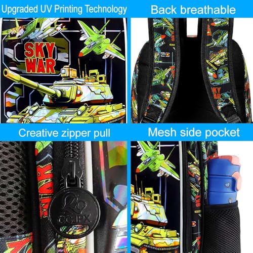 HPJGD 3PCS Tank Backpack for Kids, Water Resistant Boys Bookbag Set with Lunch Box, Cool School Bag for Elementary Preschool Toddler - Green Tank - color: Cool Uv Printed Mighty Tank Green