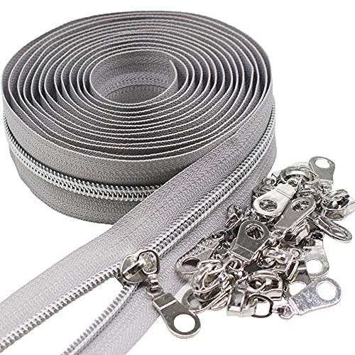 MebuZip #5 Silver Metallic Nylon Coil Zippers by The Yard Bulk Coil Zipper Roll 10 Yards with 25pcs Pulls for DIY Sewing Craft Bags (Grey) - color: Silver Grey