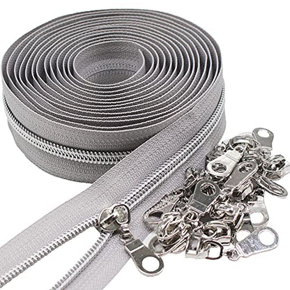 MebuZip #5 Silver Metallic Nylon Coil Zippers by The Yard Bulk Coil Zipper Roll 10 Yards with 25pcs Pulls for DIY Sewing Craft Bags (Grey) - color: Silver Grey