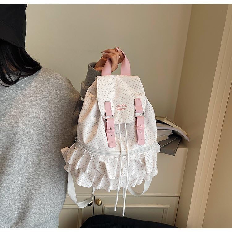 Cute Polka Dot Lace Backpack for Women Flap-top Casual Backpack Cute Nylon Bookbag - color: White