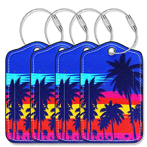 Luggage Tags for Suitcases-Leather Luggage Tag 4 Pack with Loops Cute Bag/Backpack/Suitcase Tags Bulk Travel Essentials for Flying - color: Palm Tree
