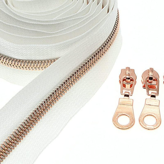 #5 Rose Gold Metallic Nylon Coil Zipper by The Yard, Bulk 10 Yards White Tape with 25PCS Rose Gold Zippers Pulls for Sewing, Bags, Purses YIGUANXIN - color: White-Rose Gold