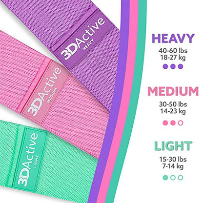 3DActive Fabric Resistance Bands for Legs & Butt. Wide Non-Slip Hip Band Set for Home & Gym Workouts. Exercise Guide & Carry Bag Included. - color: Purple, Pink, Green