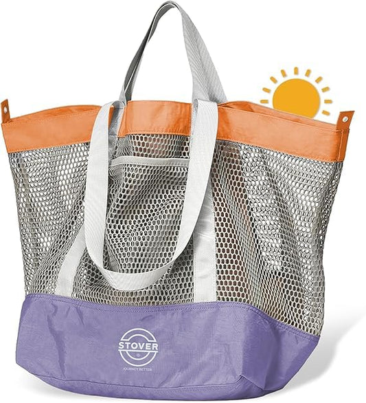 STOVER Extra Large Mesh Beach Bag, Vacation, Pool, Shopping & Travel Tote - Foldable w/Storage Pouch & Pockets for Women, Men - color: 01 - Sunset Orange