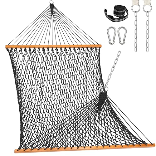 Lazy Daze Hammocks Double Rope Hammock, 2 Person Traditional Outdoor Hand Woven Cotton Rope Hammock with Spreader Bar, Carabiners, Tree Straps, Chains for Patio Yard - Max 450 Lbs, Dark Grey - color: Dark Grey