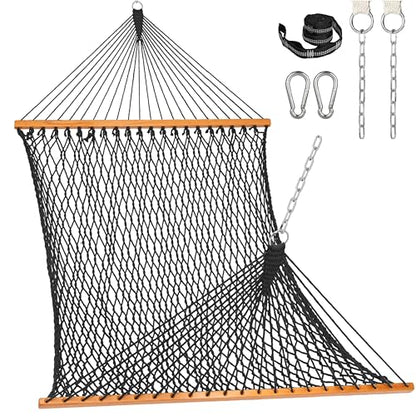Lazy Daze Hammocks Double Rope Hammock, 2 Person Traditional Outdoor Hand Woven Cotton Rope Hammock with Spreader Bar, Carabiners, Tree Straps, Chains for Patio Yard - Max 450 Lbs, Dark Grey - color: Dark Grey