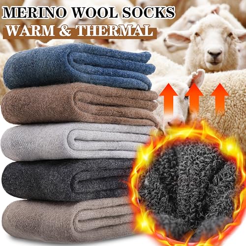 MOGGEI 5 Pairs Womens Merino Wool Socks Hiking Warm Winter Thick Thermal Crew Cozy Cabin Ladies Gift Comfy Boot Work Socks - color: Khaki/Coffee/Gray/Blue