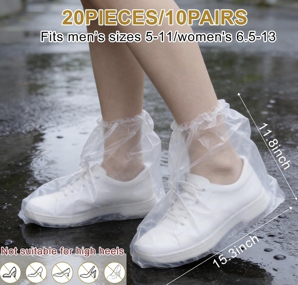 20 Pcs Waterproof Shoe Covers for Rain, Non-Slip Disposable Rain Shoe Covers, Plastic Shoe Ponchos, Thickened PE Material Boot Covers for Men and Women (Clear) - color: 20pcs(adults)-clear