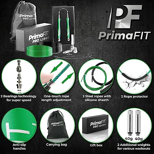 PrimaFIT Jump Rope Pro Speed Skipping Rope Adjustable Adult Jumping Rope Weighted Aluminium Handles for Double Dutch Boxing Workout Crossfit Exercise Fitness Spare Cable Weights Protectors Carry Bag - color: Green