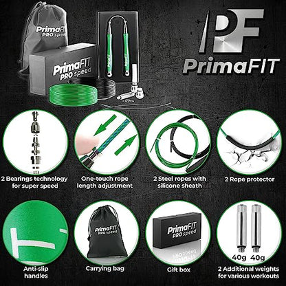 PrimaFIT Jump Rope Pro Speed Skipping Rope Adjustable Adult Jumping Rope Weighted Aluminium Handles for Double Dutch Boxing Workout Crossfit Exercise Fitness Spare Cable Weights Protectors Carry Bag - color: Green