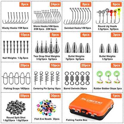 PLUSINNO 253/387pcs Fishing Gear Accessories Kit, Fishing Tackle Box with Tackle Included, Fishing Hooks, Fishing Weights Sinkers, Spinner Blade, Fishing Equipment for Bass Trout Bluegill Crappie - color: 201pcs Fishing Accessories Kit