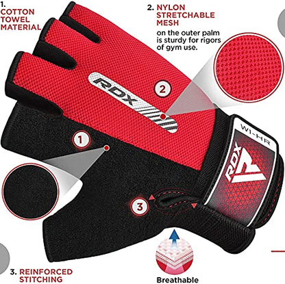 RDX Weight Lifting Gloves Gym Fitness Workout, Anti Slip Padded Full Palm Protection, Ultra Ventilated, Bodybuilding Strength Training HIIT WOD Exercise, Half Finger Men Women Cycling Rowing Climbing - color: Red, size: Small
