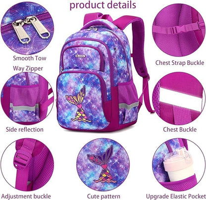 Cusangel Purple Mermaid 3pcs Set with Lunch Box Pencil Case,Multi Compartment Backpack, Dinosaur Backpack Chest Strap Side Pockets 16 Inch - color: Purple Mermaid 16in 3pcs