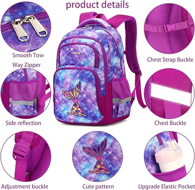 Cusangel Purple Mermaid 3pcs Set with Lunch Box Pencil Case,Multi Compartment Backpack, Dinosaur Backpack Chest Strap Side Pockets 16 Inch - color: Purple Mermaid 16in 3pcs