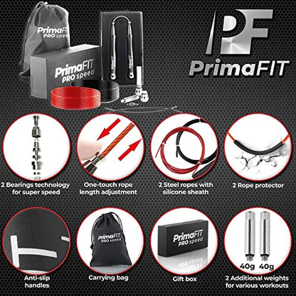 PrimaFIT Jump Rope Pro Speed Skipping Rope Adjustable Adult Jumping Rope Weighted Aluminium Handles for Double Dutch Boxing Workout Crossfit Exercise Fitness Spare Cable Weights Protectors Carry Bag - color: Black