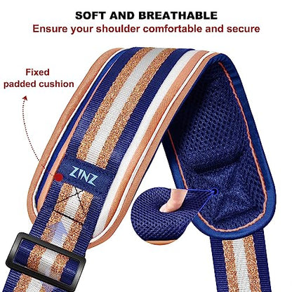 ZINZ 74" Shoulder Strap with Fixed Pad and Dual Balanced Buckles，Blue Gold Jacquard - color: Blue Gold Jacquard