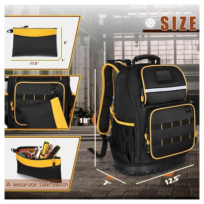 Rugged yet Comfortable Tool Backpack with Hard Molded Bottom and Tool Pouch, Heavy Duty 1680D Tool Bag with Laptop Sleeve, Multiple Pockets for Power Tools and Hand Tools, USB Port, Padded Straps