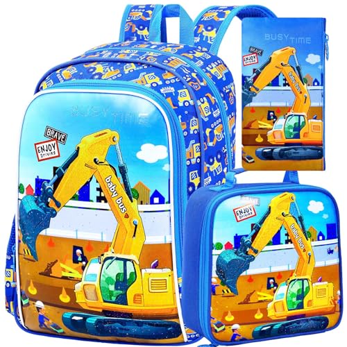 3Pcs Kids Backpack for Boys, 16" Excavator Bookbag Set for Elementary Preschool Kindergarten, School Backpacks with Lunch Box(Blue) - color: Excavator Blue