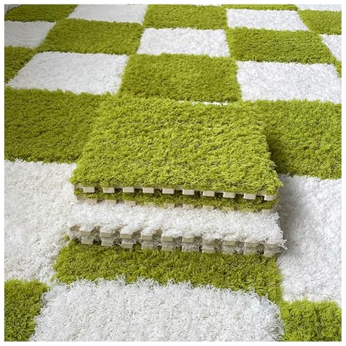 Thickened Plush Foam Interlocking Floor Carpet Mat, 24 Piece 12x12in Fluffy Square Puzzle Foam Carpet Tiles with Edgings, Soft Anti-Slip Shaggy Area Rug Playmat (Green+White) - color: Green+white