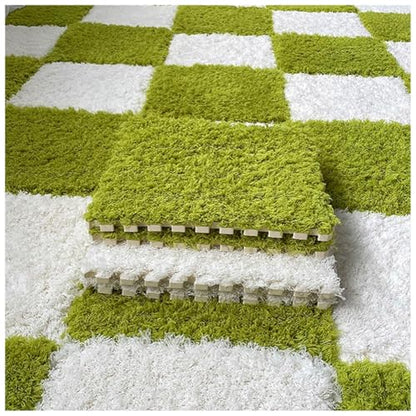 Thickened Plush Foam Interlocking Floor Carpet Mat, 24 Piece 12x12in Fluffy Square Puzzle Foam Carpet Tiles with Edgings, Soft Anti-Slip Shaggy Area Rug Playmat (Green+White) - color: Green+white