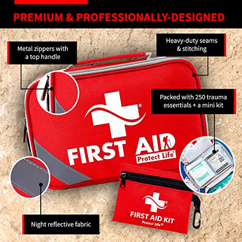 Protect Life First Aid Kit for Home & Business, 250 Pcs - Emergency Medical Kit for Camping & Hiking - size: 250 Pieces Kit (Travel)