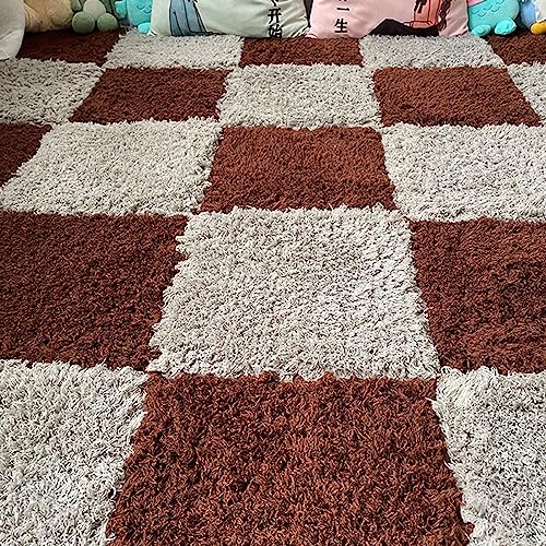 Thickened Plush Foam Interlocking Floor Carpet Mat, 24 Piece 12x12in Fluffy Square Puzzle Foam Carpet Tiles with Edgings, Soft Anti-Slip Shaggy Area Rug Playmat (Dark Curry+Grey) - color: Dark Curry+grey