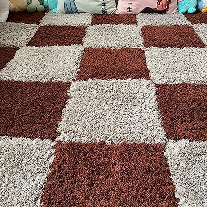 Thickened Plush Foam Interlocking Floor Carpet Mat, 24 Piece 12x12in Fluffy Square Puzzle Foam Carpet Tiles with Edgings, Soft Anti-Slip Shaggy Area Rug Playmat (Dark Curry+Grey) - color: Dark Curry+grey