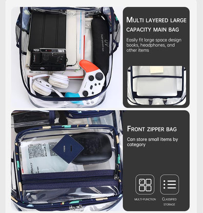 Clear Backpack-Heavy Duty PVC clear backpack for Stadium/Travel/Work,Dual Zippered Compartments&Mesh Side Pockets (white) - color: White