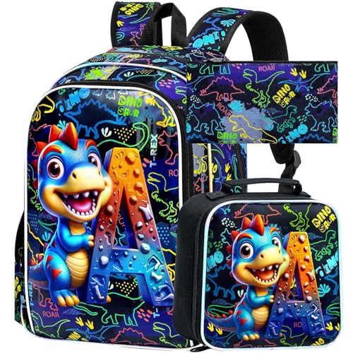 16" Dinosaur Backpack, 3Pcs Boys Bookbag with Lunch Box, Kids School Backpacks Set for Elementary Preschool Kindergarten (Balck) - color: Dinosaur Black