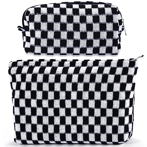 ZLFSRQ 2Pcs Checkered Makeup Bag for Women Large Small Travel Toiletry Bag Organizer Aesthetic Black Zipper Cosmetic Bags Cute Makeup Pouch for Purse Pencil Case Pencil Pouch Skincare Storage Bags - color: B-Checkered 2Pcs Mix Black
