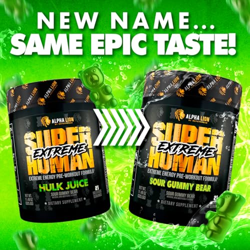 ALPHA LION Superhuman Extreme High Stim Pre Workout Powder, Beta Alanine, L-Taurine & 356mg Tri-Source Caffeine for Sustained Energy, Nitric Oxide & Citrulline for Pump (21 Servings, Sour Gummy Bear)