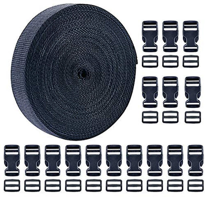1 Inch 16 Yards Polypropylene Webbing Strap Band with 16 Set 1inch Side Release Plastic Buckles, Black