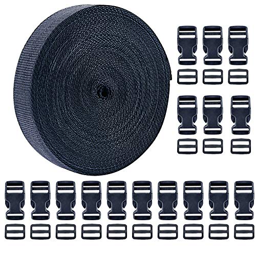 1 Inch 16 Yards Polypropylene Webbing Strap Band with 16 Set 1inch Side Release Plastic Buckles, Black