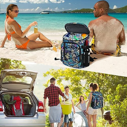 HXLGMD Backpack Coolers Insulated Leak Proof 30 Cans, Soft Sided Insulated Cooler Bags Ice Chest Backpack for Beach Travel Camping, with Reusable Ice Packs - color: Tropical Leaves
