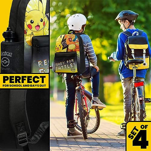 Pokemon Backpack Set 4 Pcs for Kids with Backpack Water Bottle Pencil Case and Insulated Lunch Bag or Wallet Anime School Supplies Gifts for Kids (Black/Yellow 4 Pcs Set) - color: Black/Yellow