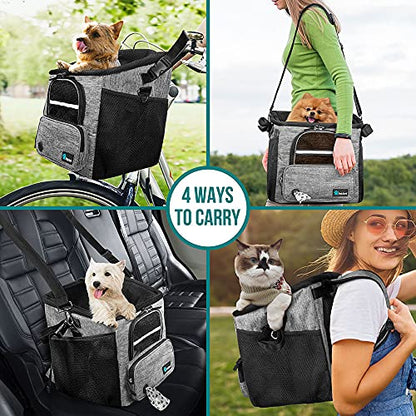 PetAmi Dog Bike Basket, Soft-Sided Ventilated Dog Bike Carrier Backpack, Pet Bicycle Basket for Bike Handlebar, Small Medium Puppy Cat Kitten Car Booster Seat with Safety Strap, Max 18 lbs, Gray - color: Light Gray