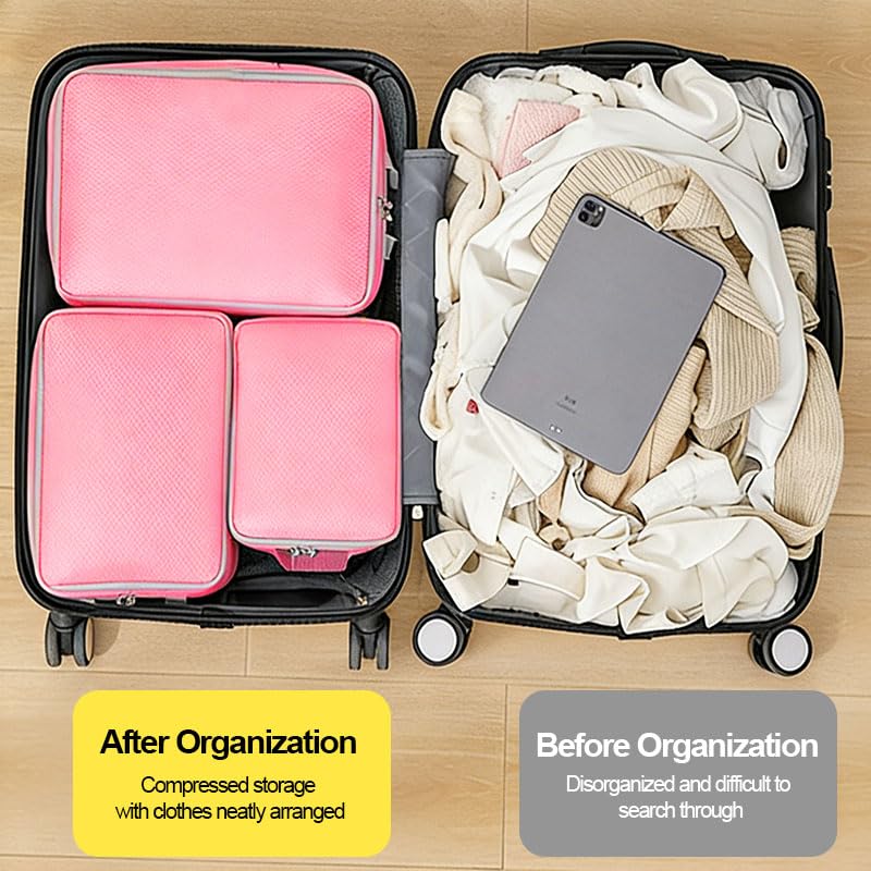 4 Pcs Compression Packing Cubes, Expandable Storage Travel Luggage Bags Organizers for Luggage & Closet Organization, Business Travel & Home Storage, Pink