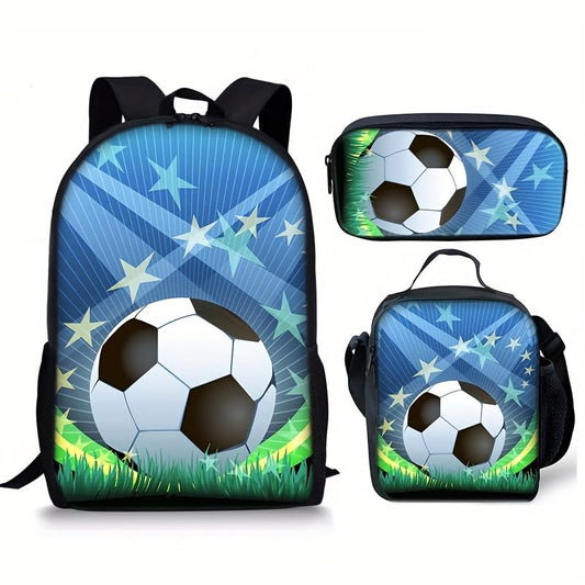 3PCS Soccer Backpack Set, 16" Lightweight Football Daypack, Soccer Ball Print Casual Laptop Backpack for Travel Camping Work (style-10) - color: Style-10