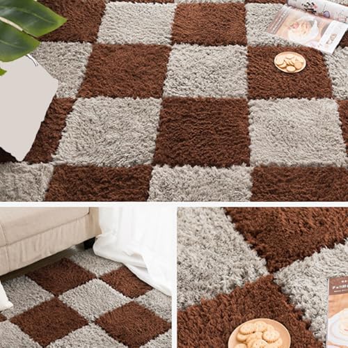 Thickened Plush Foam Interlocking Floor Carpet Mat, 24 Piece 12x12in Fluffy Square Puzzle Foam Carpet Tiles with Edgings, Soft Anti-Slip Shaggy Area Rug Playmat (Dark Curry+Grey) - color: Dark Curry+grey