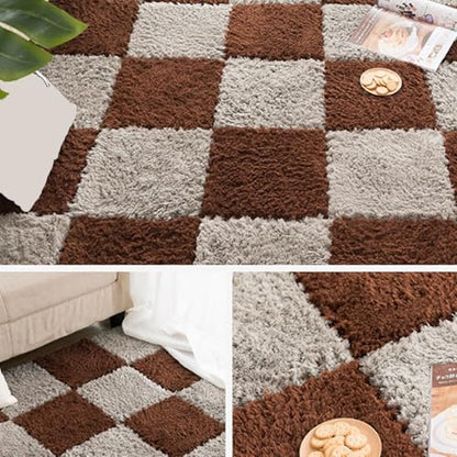 Thickened Plush Foam Interlocking Floor Carpet Mat, 24 Piece 12x12in Fluffy Square Puzzle Foam Carpet Tiles with Edgings, Soft Anti-Slip Shaggy Area Rug Playmat (Dark Curry+Grey) - color: Dark Curry+grey