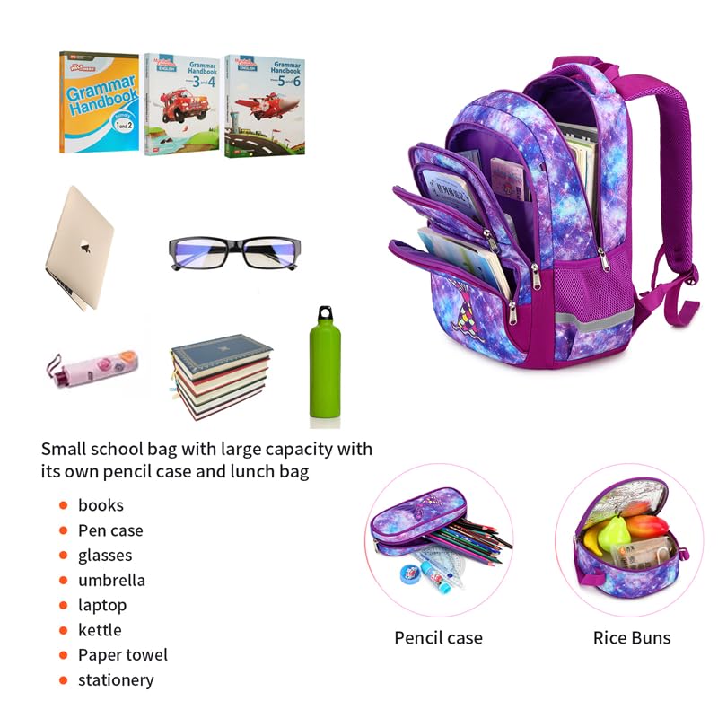 Cusangel Purple Mermaid 3pcs Set with Lunch Box Pencil Case,Multi Compartment Backpack, Dinosaur Backpack Chest Strap Side Pockets 16 Inch - color: Purple Mermaid 16in 3pcs