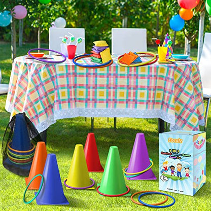Eocolz 3 in 1 Carnival Games Set, Soft Plastic Cones Bean Bags Ring Toss Games for Kids Birthday Party Outdoor Games Supplies Combo Set - color: purple